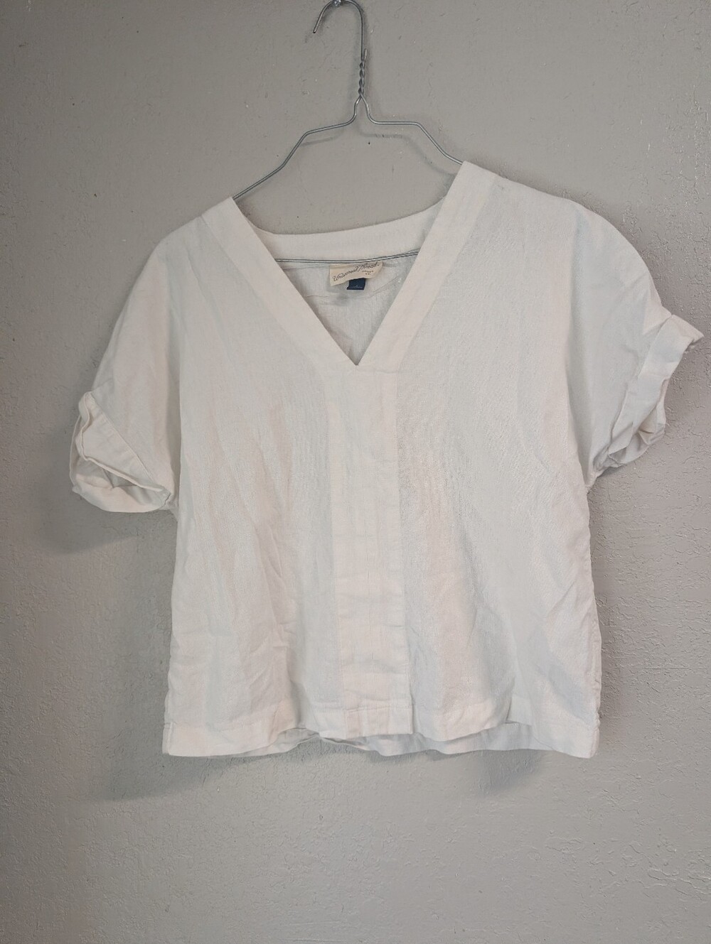 Boxy Linen Shirt S White V Neck Fisherman Coastal Rolled Sleeve Coastal Boho